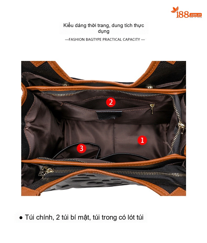 Túi Xách Tay Nữ Da Bò Công Sở Họa Tiết Chữ Lớn Màu Đen, Nâu chi tiết 6