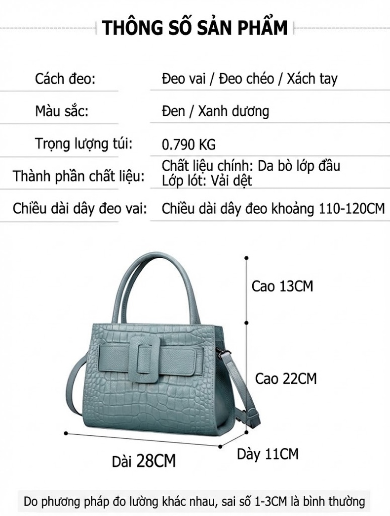 Túi Xách Tay Nữ Da Bò Công Sở Thời Trang Dung Tích Lớn Màu Xanh Dương, Đen chi tiết 20