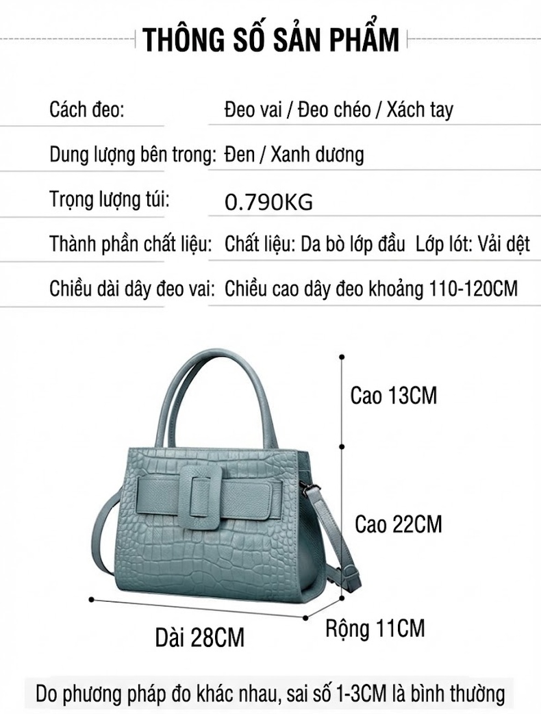 Túi Xách Tay Nữ Da Bò Công Sở Thời Trang Dung Tích Lớn Màu Xanh Dương, Đen chi tiết 3