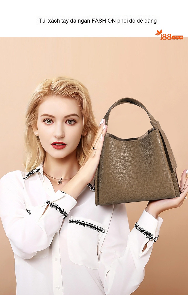 Túi Xách Tay Nữ Da Bò Đa Năng Sức Chứa Lớn Kiểu Dáng Bucket Màu Nâu, Xanh chi tiết 2