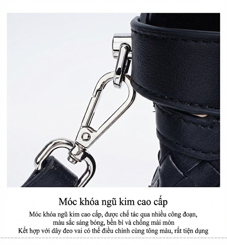 Túi Xách Tay Nữ Da Bò Đan Dây Họa Tiết Thoi Phong Cách Công Sở Màu Đen, Trắng chi tiết 14