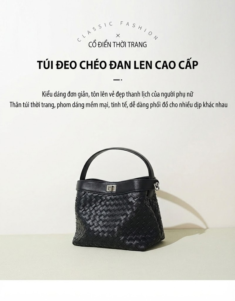 Túi Xách Tay Nữ Da Bò Đan Dây Họa Tiết Thoi Phong Cách Công Sở Màu Đen, Trắng chi tiết 1