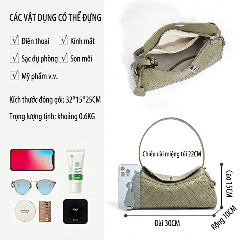 Túi Xách Tay Nữ Da Bò Đan Lưới Sức Chứa Lớn Phong Cách Thanh Lịch Màu Xanh Lá