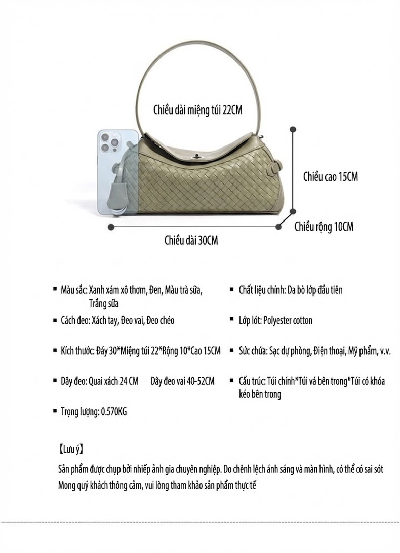 Túi Xách Tay Nữ Da Bò Đan Lưới Sức Chứa Lớn Phong Cách Thanh Lịch Màu Xanh Lá chi tiết 12