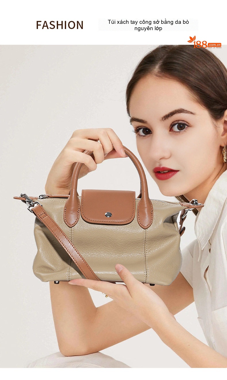 Túi Xách Tay Nữ Da Bò Dáng Bánh Bao Công Sở Màu Be, Nâu chi tiết 1