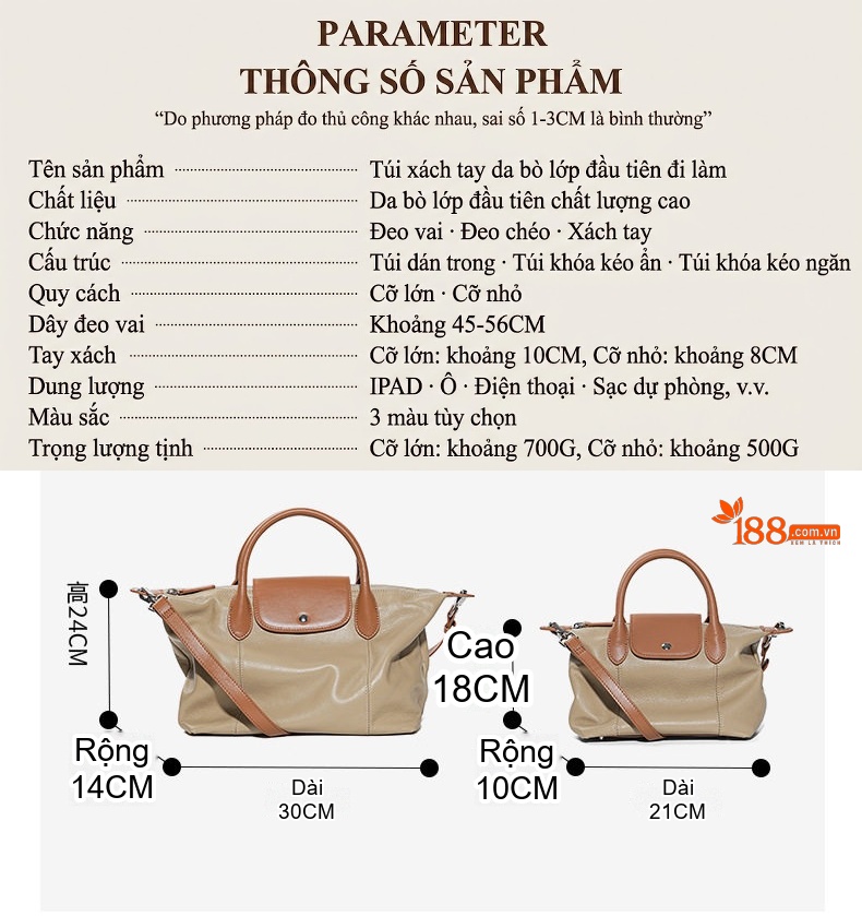 Túi Xách Tay Nữ Da Bò Dáng Bánh Bao Công Sở Màu Be, Nâu chi tiết 3