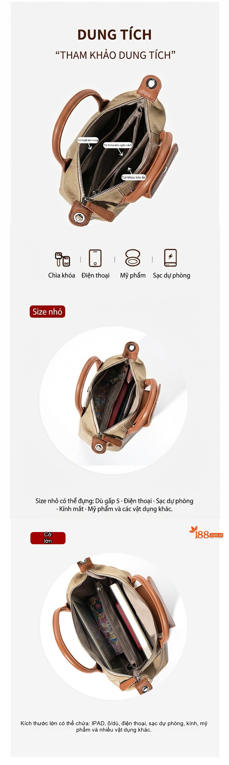 Túi Xách Tay Nữ Da Bò Dáng Bánh Bao Công Sở Màu Be, Nâu chi tiết 4