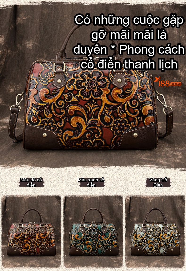 Túi Xách Tay Nữ Da Bò Dáng Gối Hoa Văn Cổ Điển Màu Nâu, Đen, Xanh... chi tiết 1