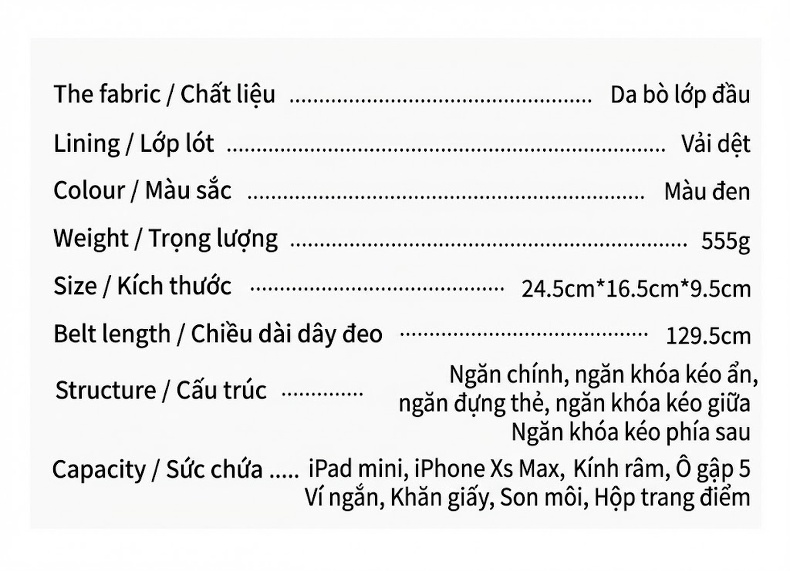 Túi Xách Tay Nữ Da Bò Dáng Hộp Chữ Nhật Đeo Chéo Màu Đen chi tiết 9