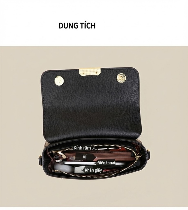 Túi Xách Tay Nữ Da Bò Dáng Hộp Chữ Nhật Đeo Chéo Màu Đen chi tiết 6