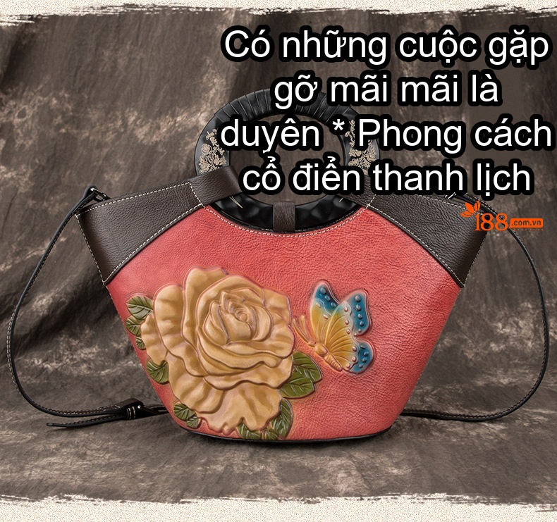 Túi Xách Tay Nữ Da Bò Dáng Hộp Chữ Nhật Retro Màu Nâu, Đỏ chi tiết 1