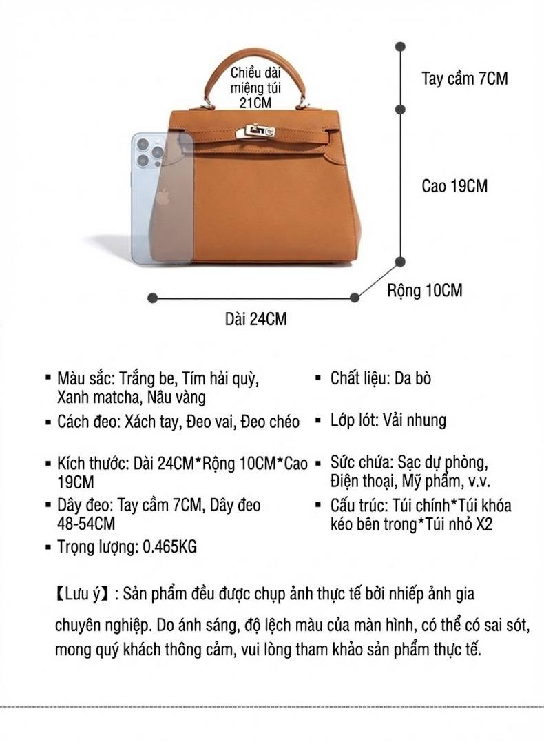 Túi Xách Tay Nữ Da Bò Dáng Kelly Công Sở Lớn Đeo Chéo Màu Nâu, Xanh, Đen, Trắng... chi tiết 8