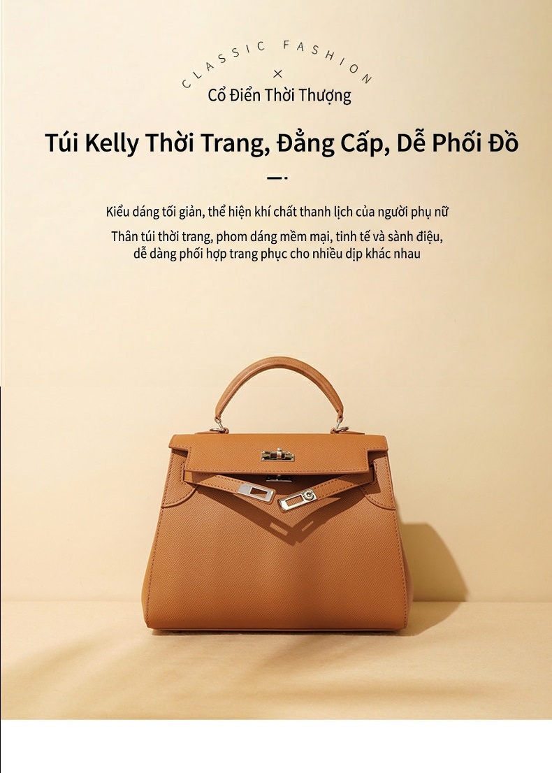 Túi Xách Tay Nữ Da Bò Dáng Kelly Công Sở Lớn Đeo Chéo Màu Nâu, Xanh, Đen, Trắng... chi tiết 2