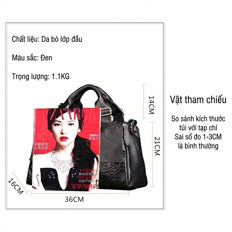 Túi Xách Tay Nữ Da Bò Dáng Lớn Đeo Vai, Đeo Chéo Màu Đen