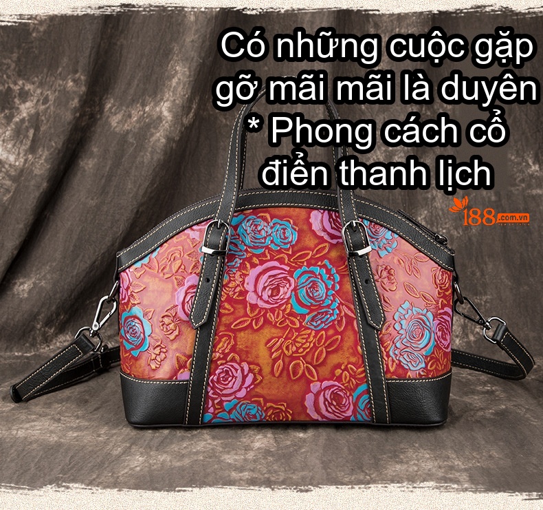 Túi Xách Tay Nữ Da Bò Dáng Lớn Họa Tiết Hoa Màu Cam, Vàng, Hồng, Xanh Dương chi tiết 1