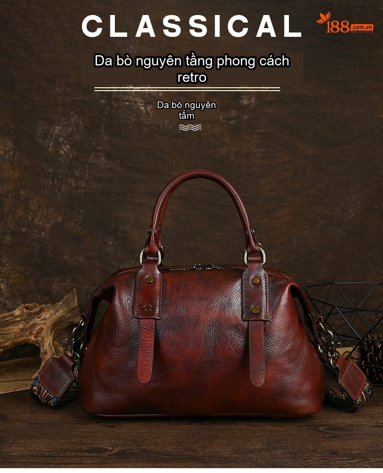 Túi Xách Tay Nữ Da Bò Dáng Retro Cỡ Lớn Màu Nâu chi tiết 1