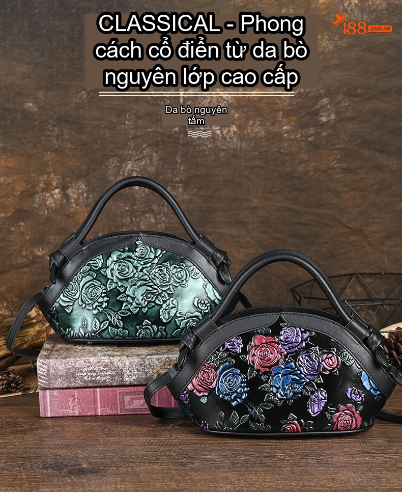Túi Xách Tay Nữ Da Bò Dáng Tròn Lớn Quai Xách Đôi Họa Tiết Hoa Hồng Màu Đen, Đỏ, Xanh Dương, Tím chi tiết 1