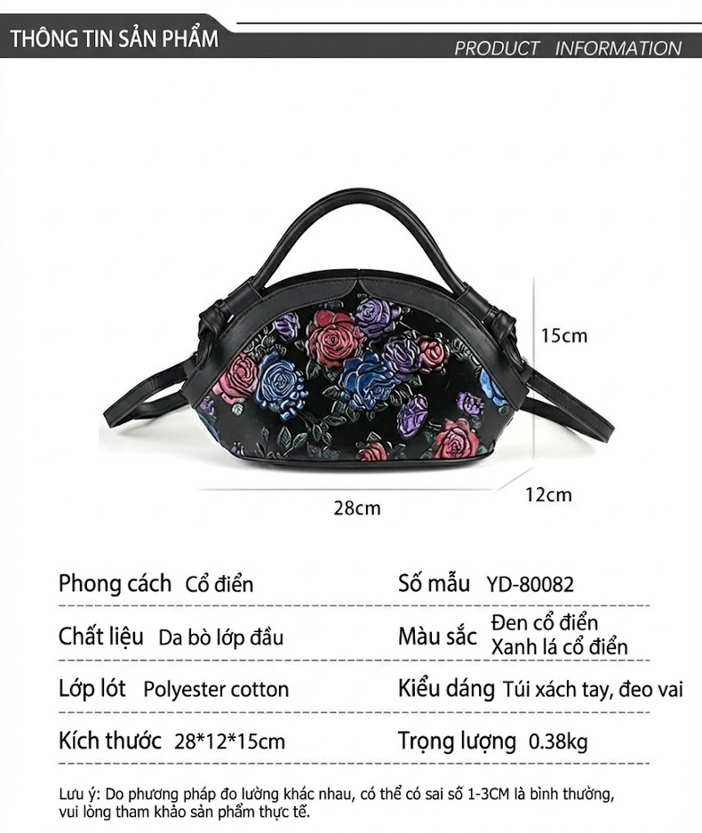 Túi Xách Tay Nữ Da Bò Dáng Tròn Lớn Quai Xách Đôi Họa Tiết Hoa Hồng Màu Đen, Đỏ, Xanh Dương, Tím chi tiết 3