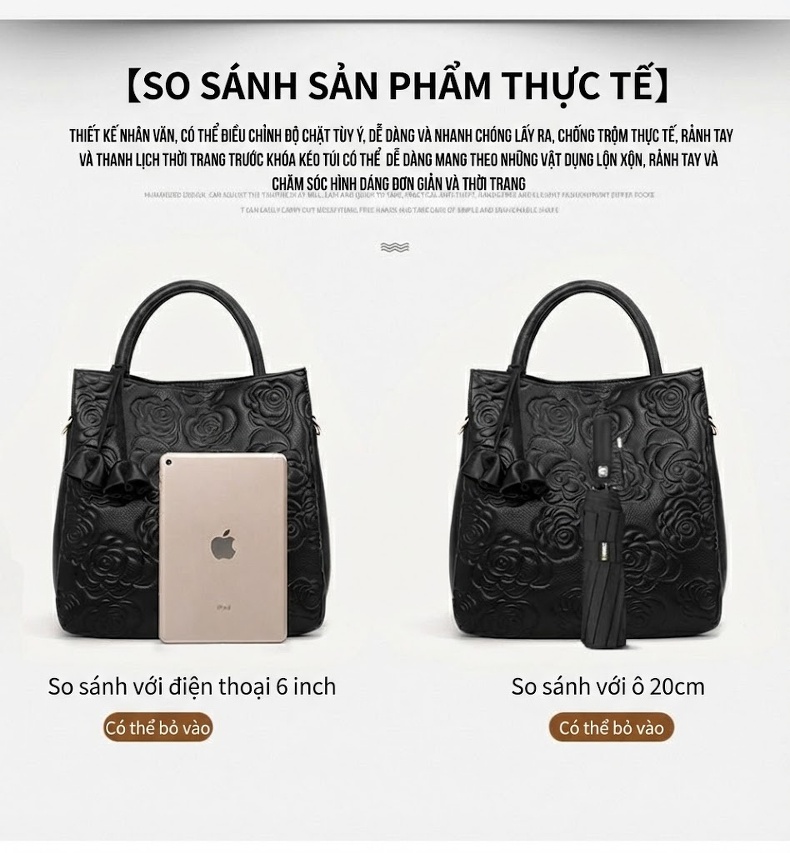 Túi Xách Tay Nữ Da Bò Dập Hoa Dung Tích Lớn Thời Trang Màu Đen chi tiết 10
