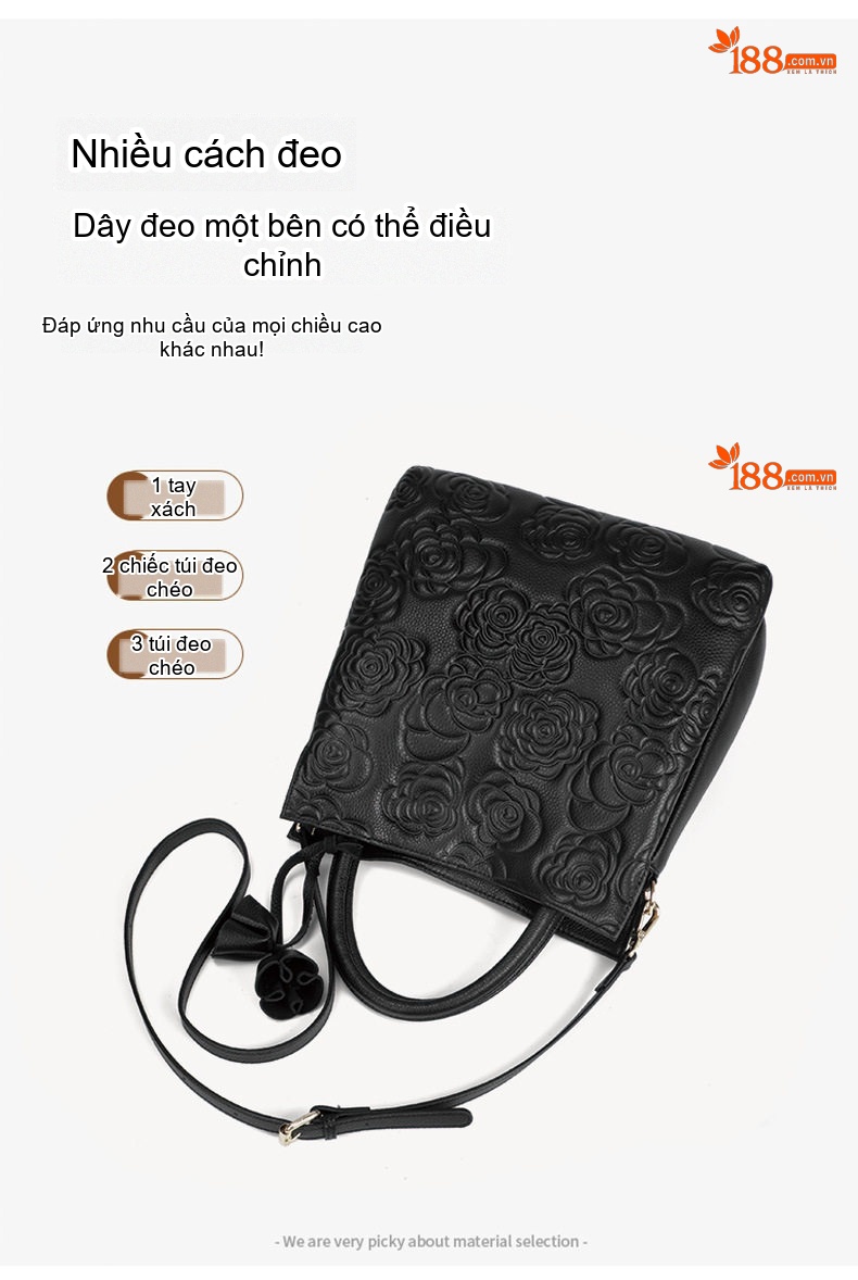 Túi Xách Tay Nữ Da Bò Dập Hoa Dung Tích Lớn Thời Trang Màu Đen chi tiết 11