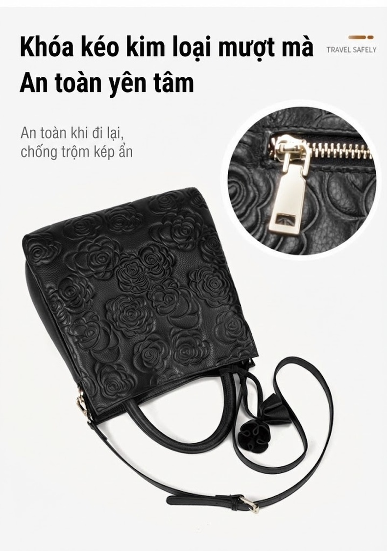 Túi Xách Tay Nữ Da Bò Dập Hoa Dung Tích Lớn Thời Trang Màu Đen chi tiết 5