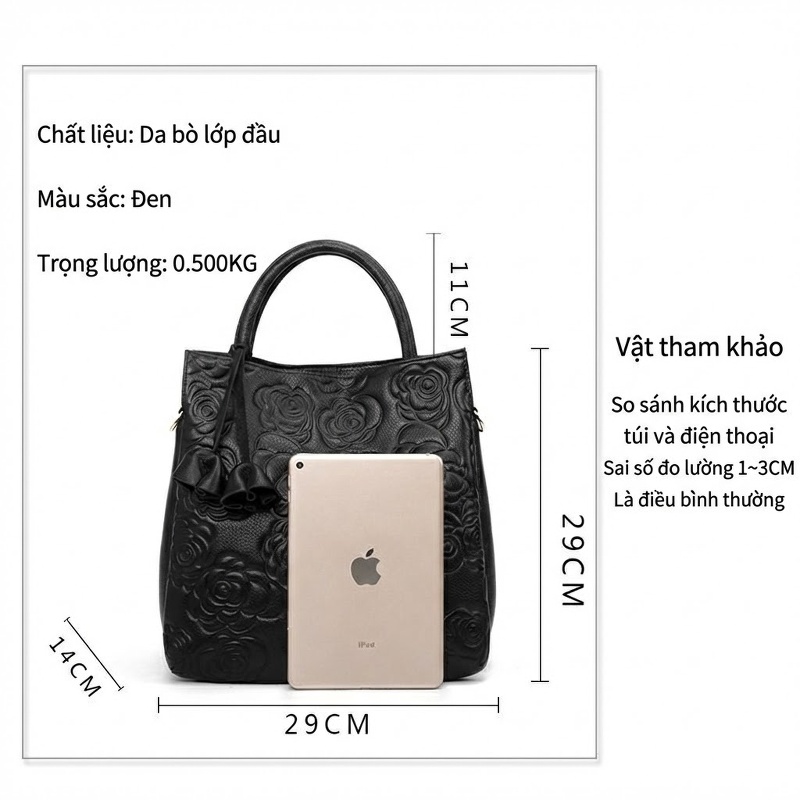 Túi Xách Tay Nữ Da Bò Dập Hoa Dung Tích Lớn Thời Trang Màu Đen