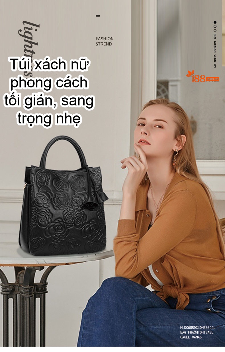 Túi Xách Tay Nữ Da Bò Dập Hoa Dung Tích Lớn Thời Trang Màu Đen chi tiết 1