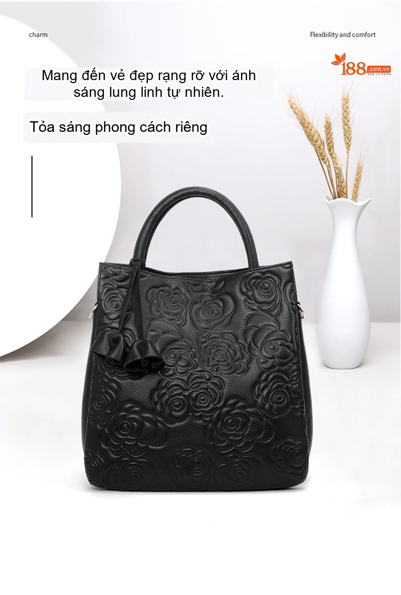 Túi Xách Tay Nữ Da Bò Dập Hoa Dung Tích Lớn Thời Trang Màu Đen chi tiết 2