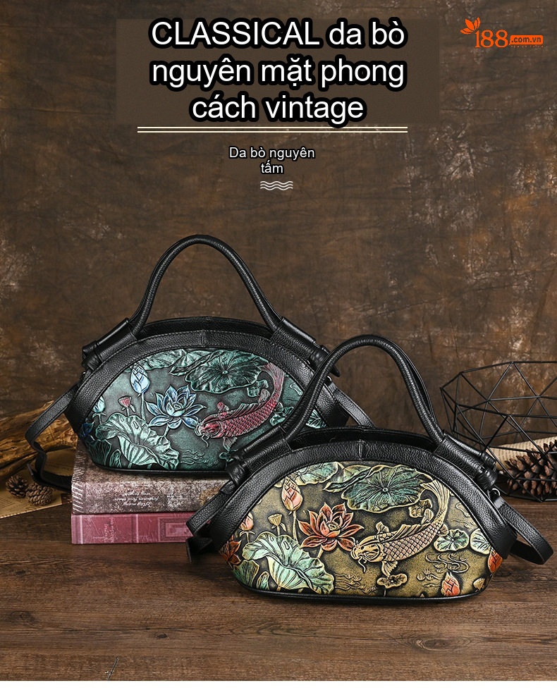 Túi Xách Tay Nữ Da Bò Dập Họa Tiết Hoa Sen Cá Chép Phong Cách Retro Quai Xách và Đeo Chéo chi tiết 1