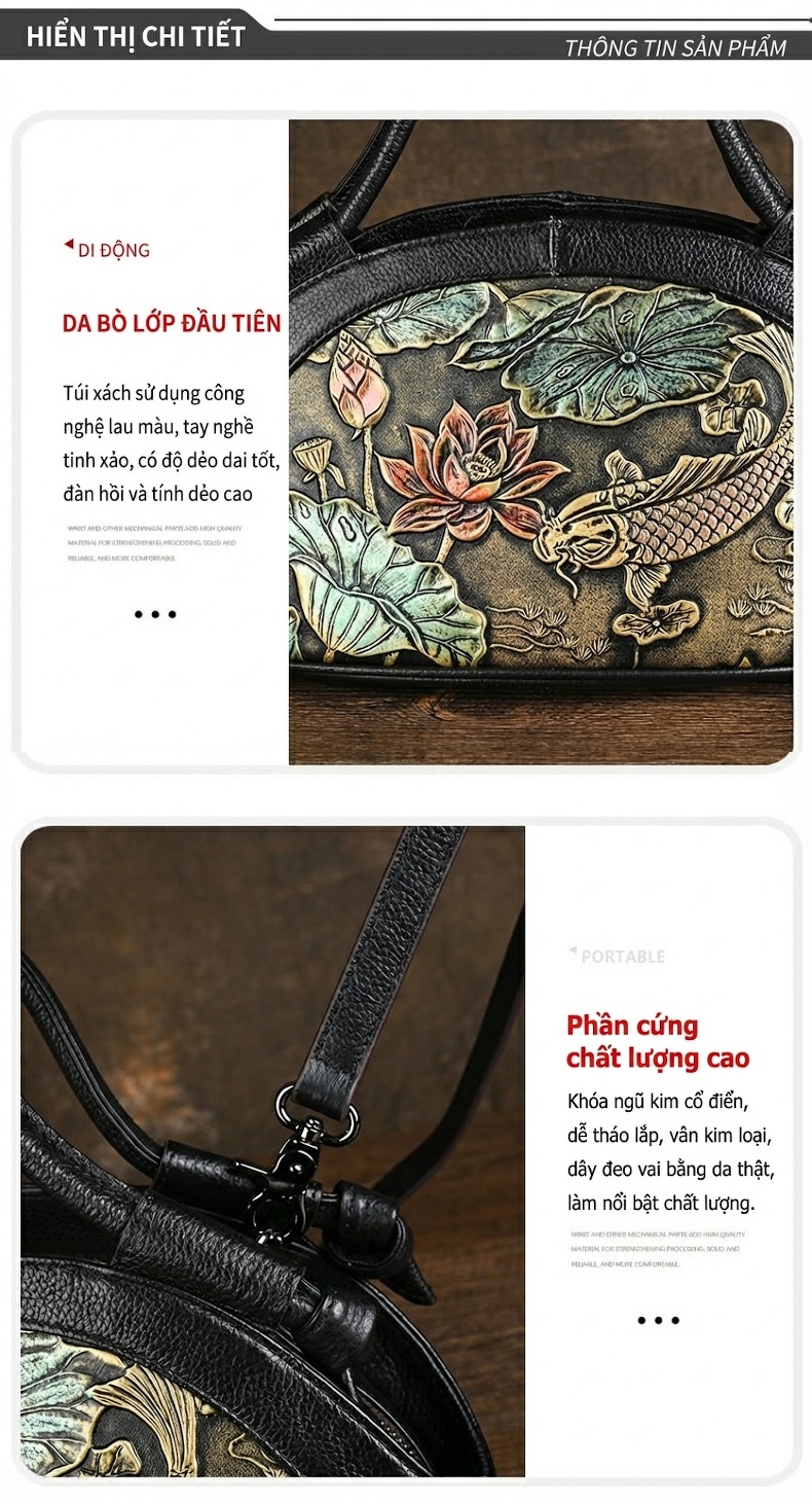 Túi Xách Tay Nữ Da Bò Dập Họa Tiết Hoa Sen Cá Chép Phong Cách Retro Quai Xách và Đeo Chéo chi tiết 10