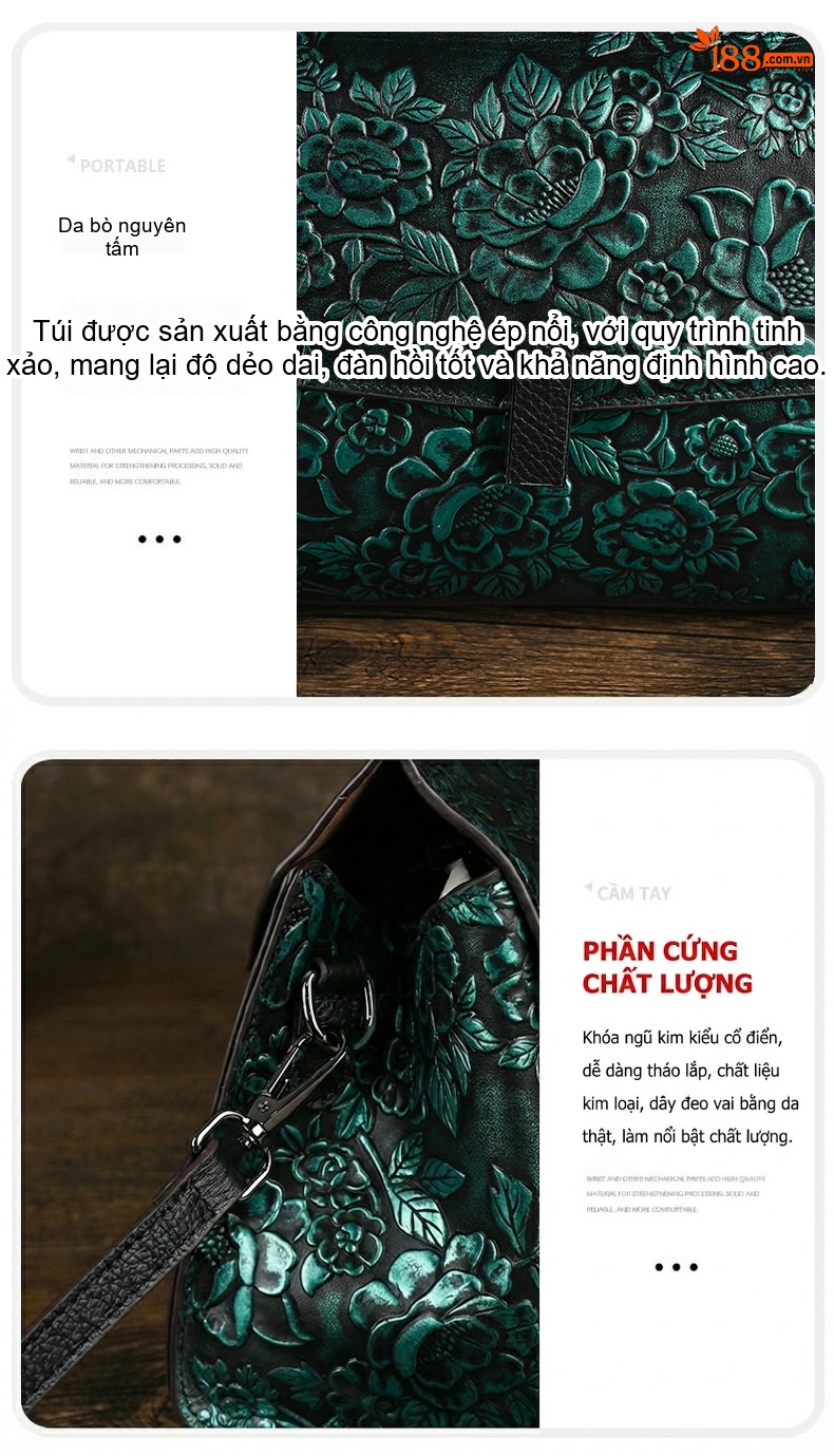 Túi Xách Tay Nữ Da Bò Dập Hoa Văn Cổ Điển Đeo Vai, Đeo Chéo Màu Xanh Lá, Đỏ, Nâu chi tiết 13