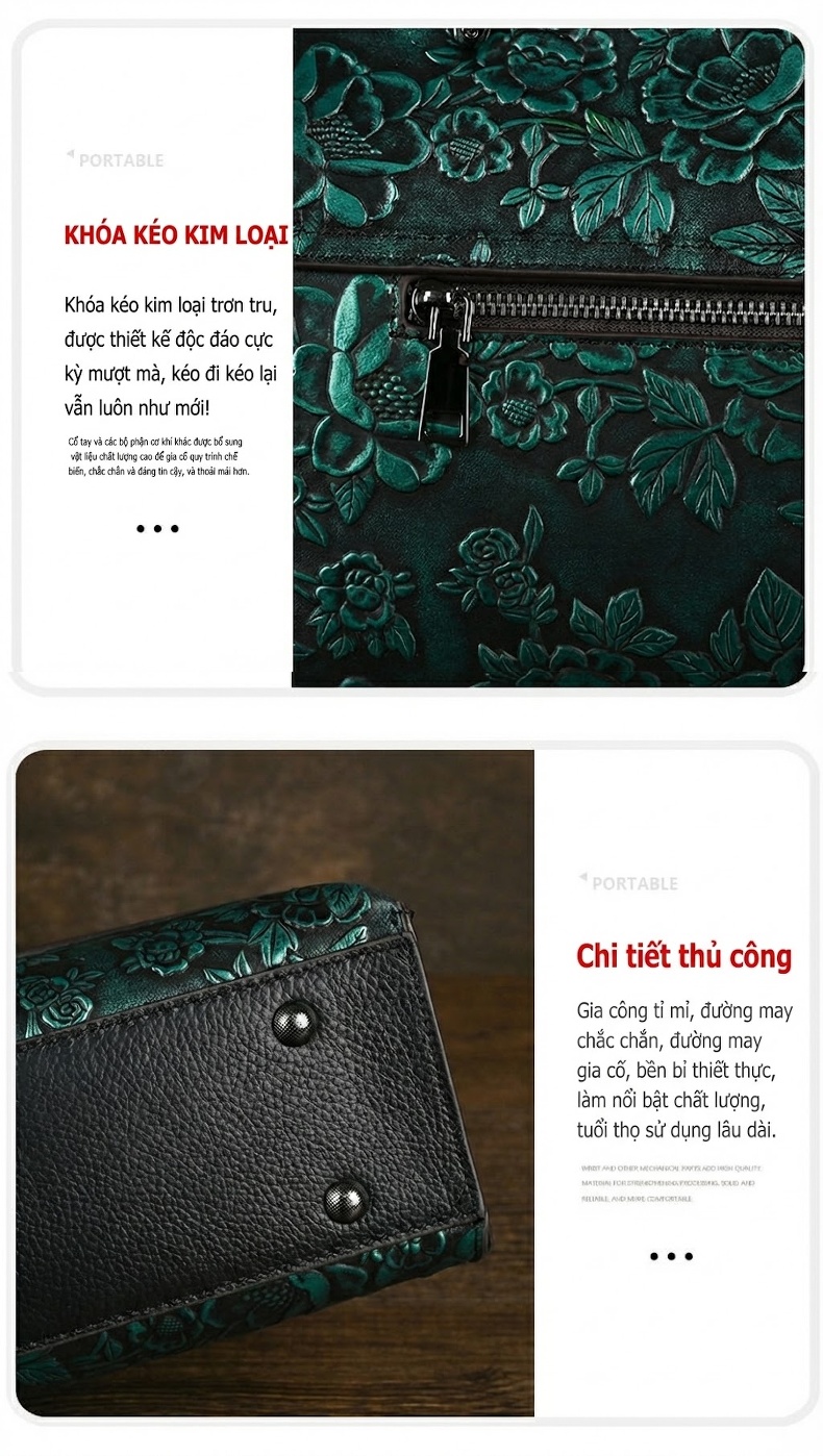 Túi Xách Tay Nữ Da Bò Dập Hoa Văn Cổ Điển Đeo Vai, Đeo Chéo Màu Xanh Lá, Đỏ, Nâu chi tiết 14