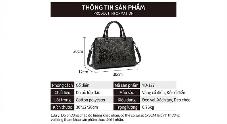 Túi Xách Tay Nữ Da Bò Dập Hoa Văn Cổ Điển Phong Cách Trung Hoa Màu Đỏ, Đen chi tiết 3