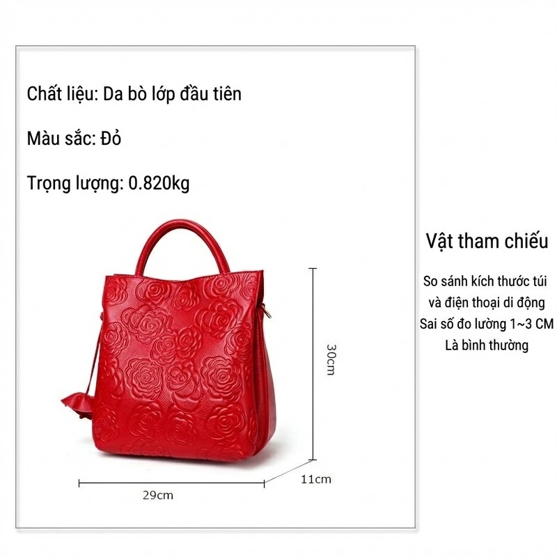 Túi Xách Tay Nữ Da Bò Dập Hoa Văn Quai Xách Và Dây Đeo Vai Màu Đỏ