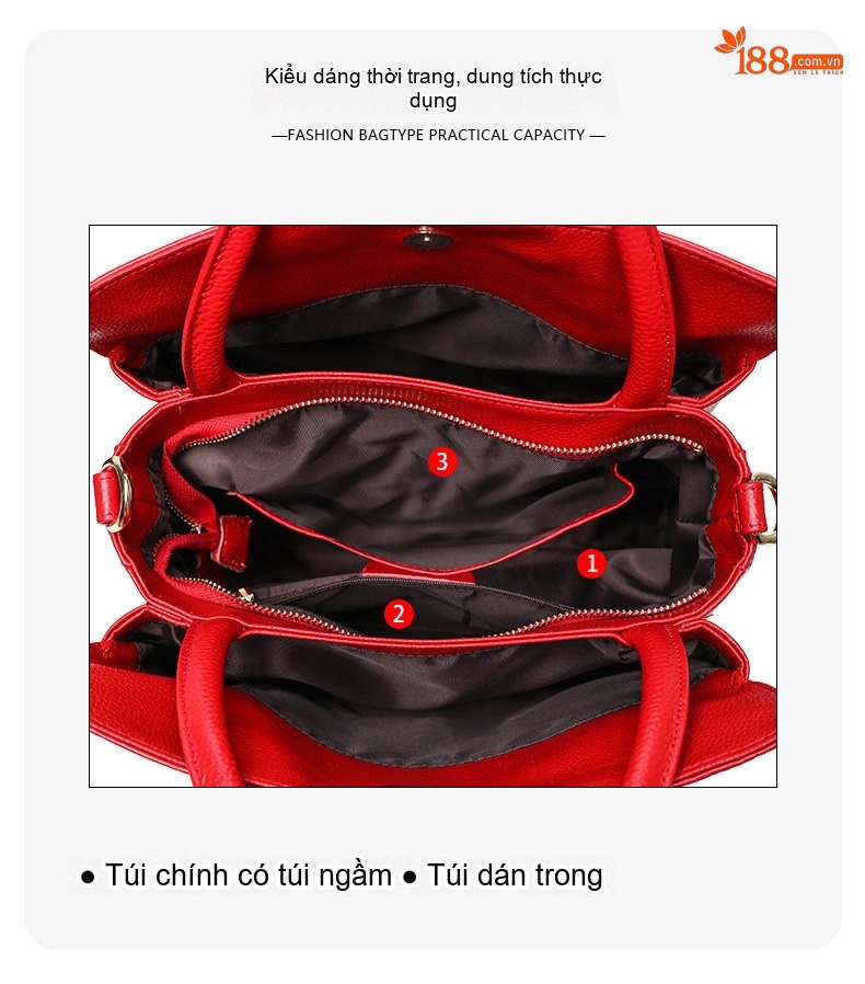 Túi Xách Tay Nữ Da Bò Dập Hoa Văn Quai Xách Và Dây Đeo Vai Màu Đỏ chi tiết 6