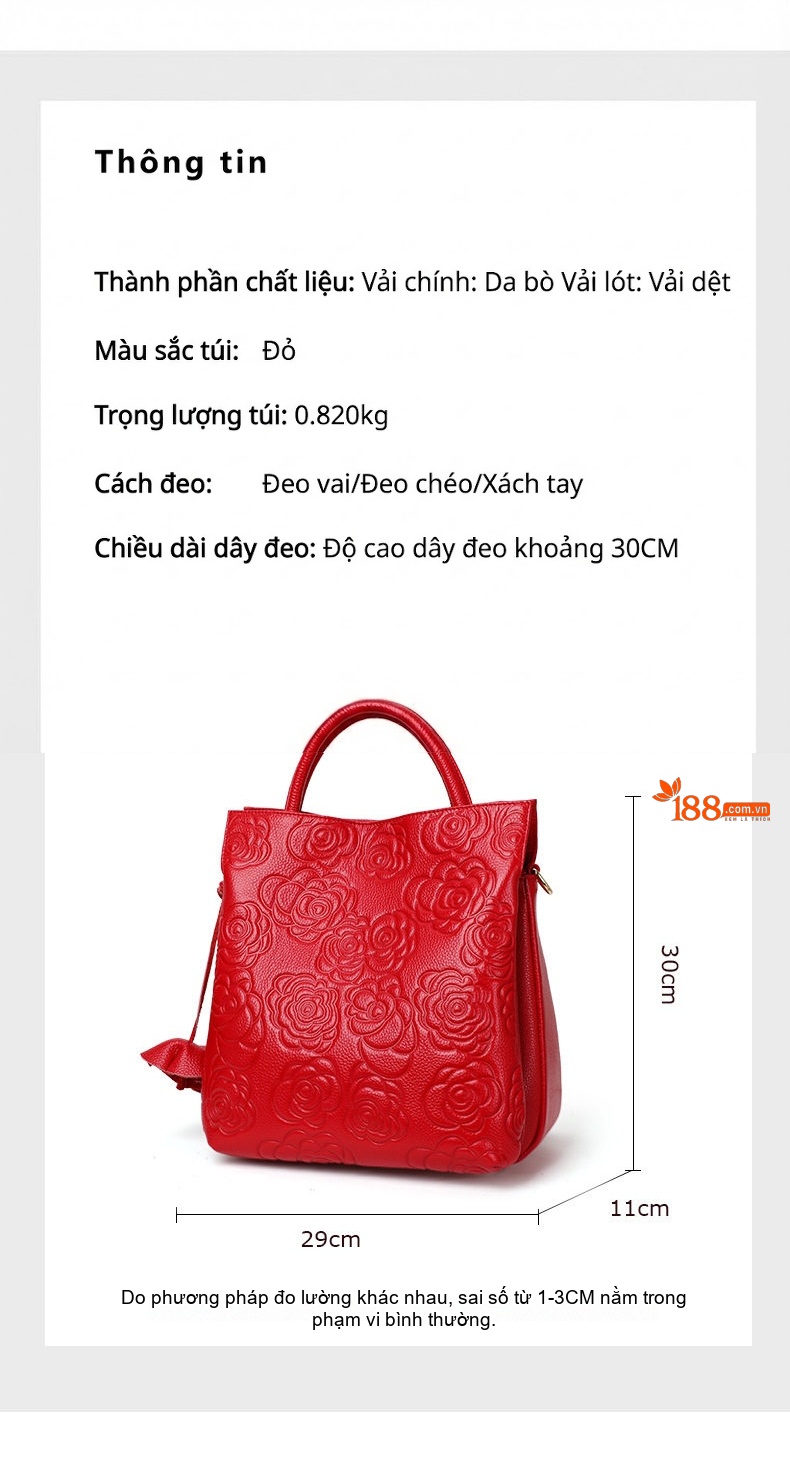 Túi Xách Tay Nữ Da Bò Dập Hoa Văn Quai Xách Và Dây Đeo Vai Màu Đỏ chi tiết 4