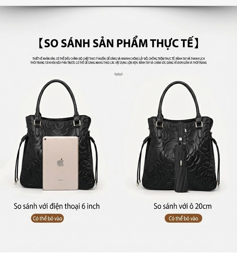 Túi Xách Tay Nữ Da Bò Dập Hoa Văn Thời Trang Màu Đen chi tiết 10