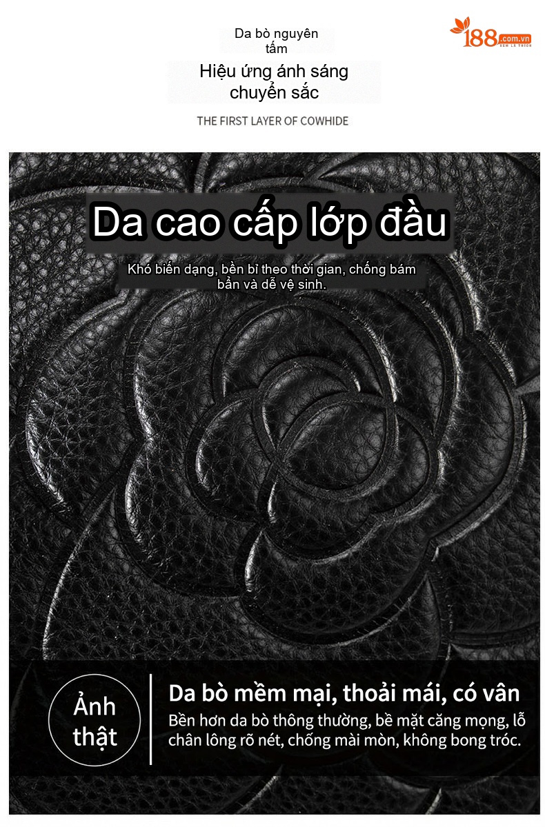 Túi Xách Tay Nữ Da Bò Dập Hoa Văn Thời Trang Màu Đen chi tiết 7
