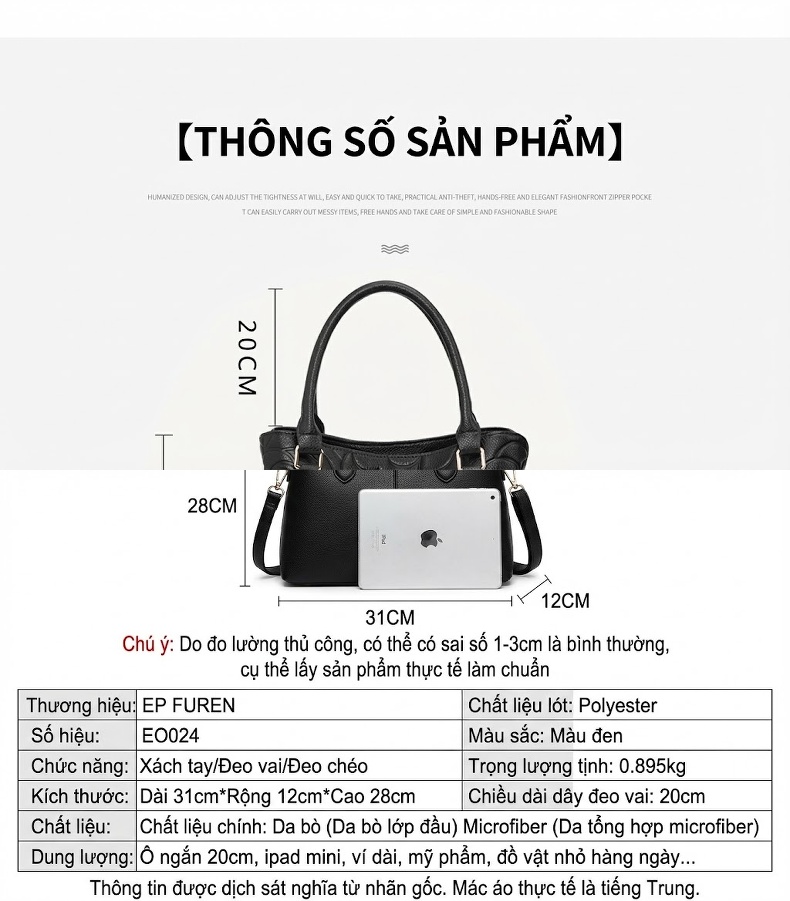 Túi Xách Tay Nữ Da Bò Dập Hoa Văn Thời Trang Màu Đen chi tiết 9