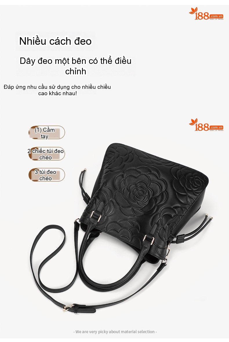 Túi Xách Tay Nữ Da Bò Dập Hoa Văn Thời Trang Màu Đen chi tiết 11