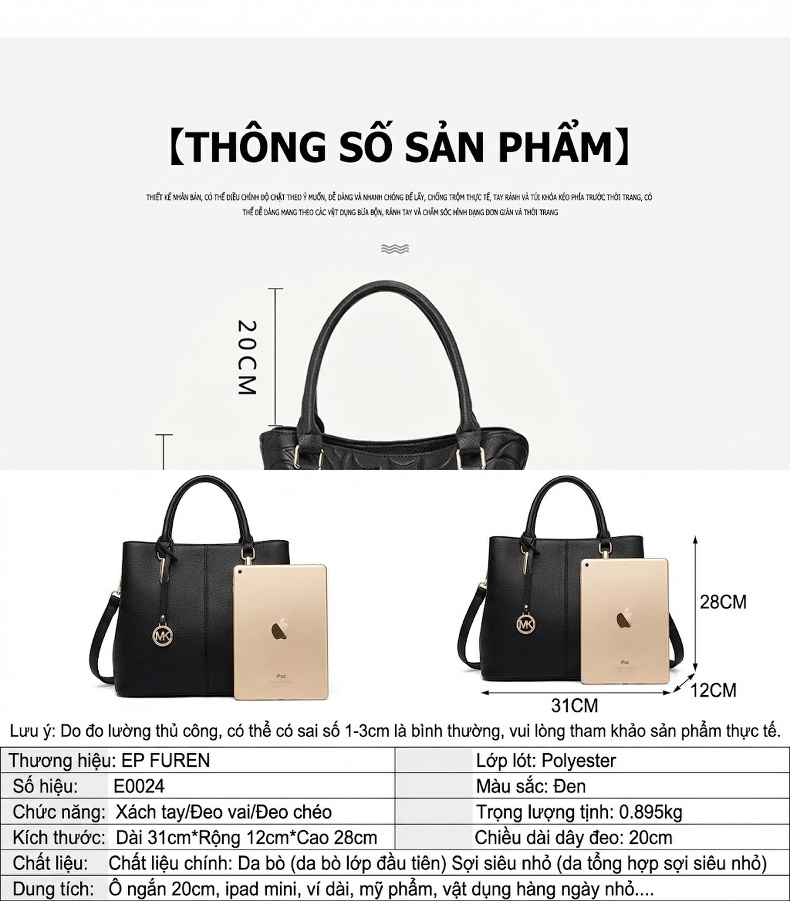 Túi Xách Tay Nữ Da Bò Dập Hoa Văn Thời Trang Màu Đen chi tiết 22