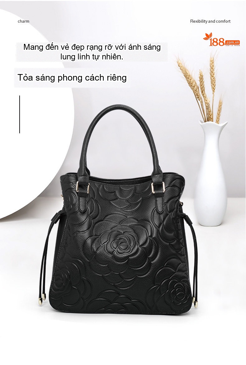 Túi Xách Tay Nữ Da Bò Dập Hoa Văn Thời Trang Màu Đen chi tiết 2