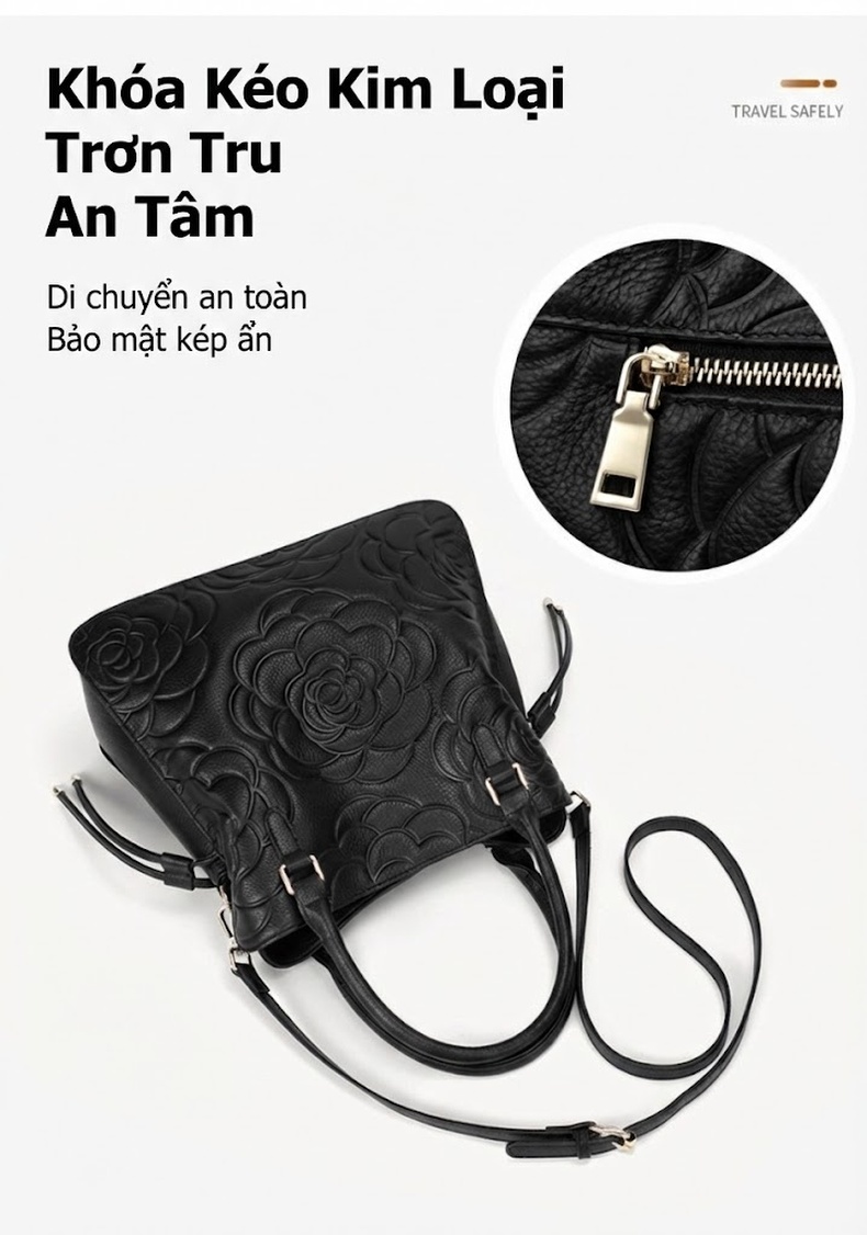 Túi Xách Tay Nữ Da Bò Dập Hoa Văn Thời Trang Màu Đen chi tiết 5