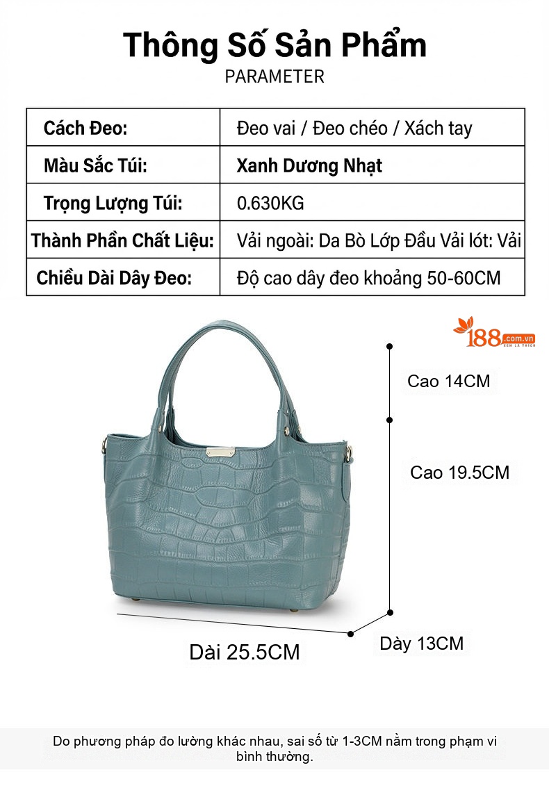 Túi Xách Tay Nữ Da Bò Dập Vân Cá Sấu Công Sở Cao Cấp Màu Xanh chi tiết 5