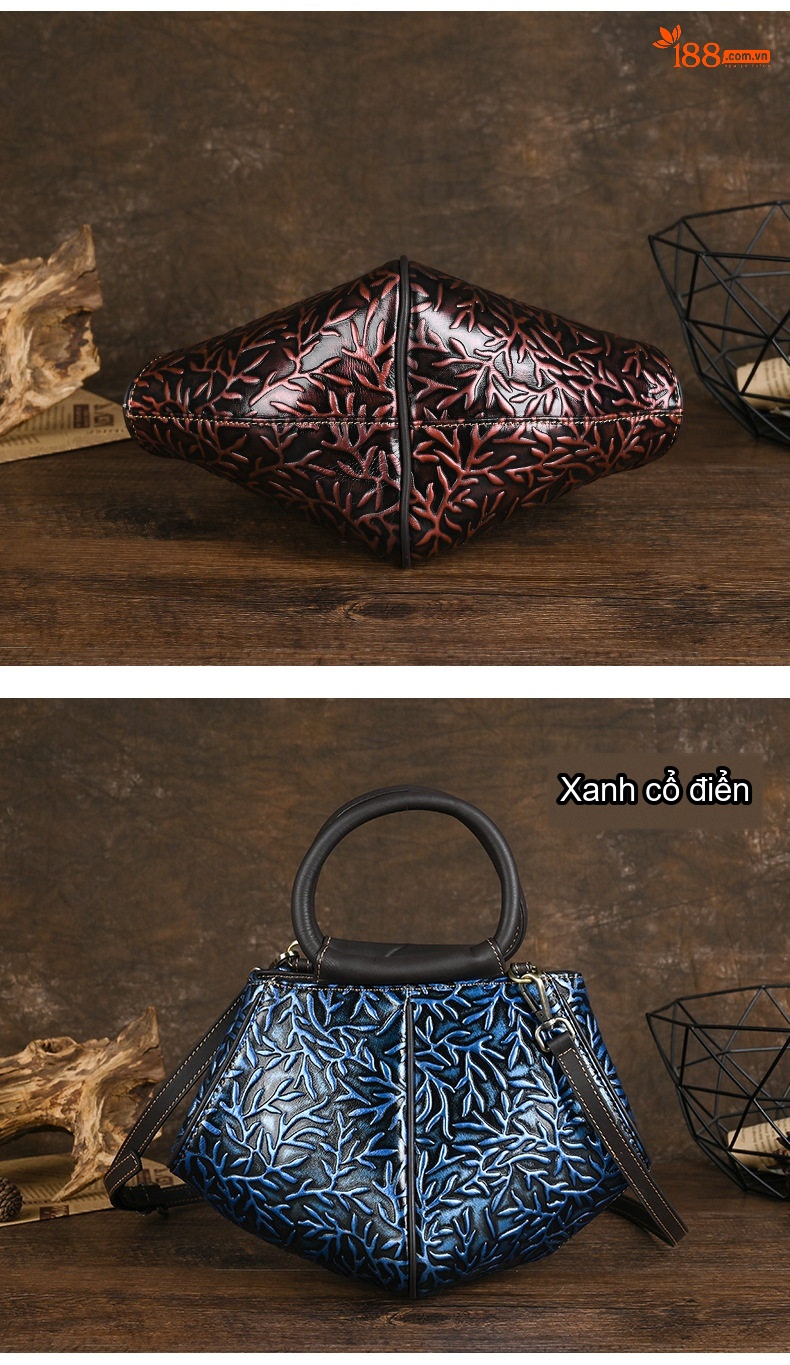 Túi Xách Tay Nữ Da Bò Dập Vân Cổ Điển Đeo Vai, Đeo Chéo Màu Nâu, Xanh chi tiết 6