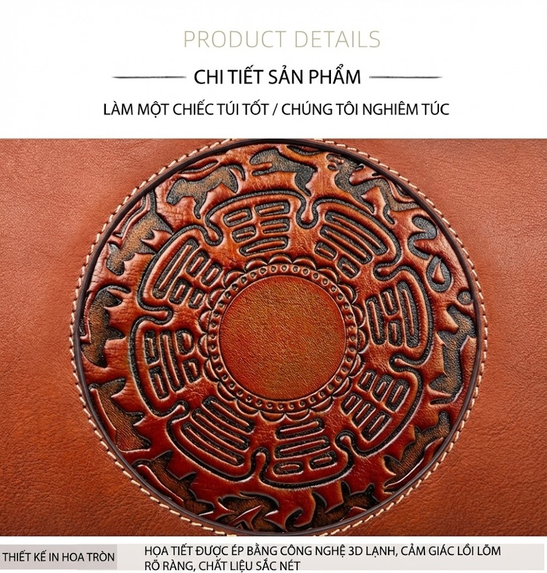 Túi Xách Tay Nữ Da Bò Dập Vân Họa Tiết Cổ Điển Phong Cách Quốc Dân Đeo Vai, Đeo Chéo Màu Nâu, Đỏ, Đen chi tiết 12