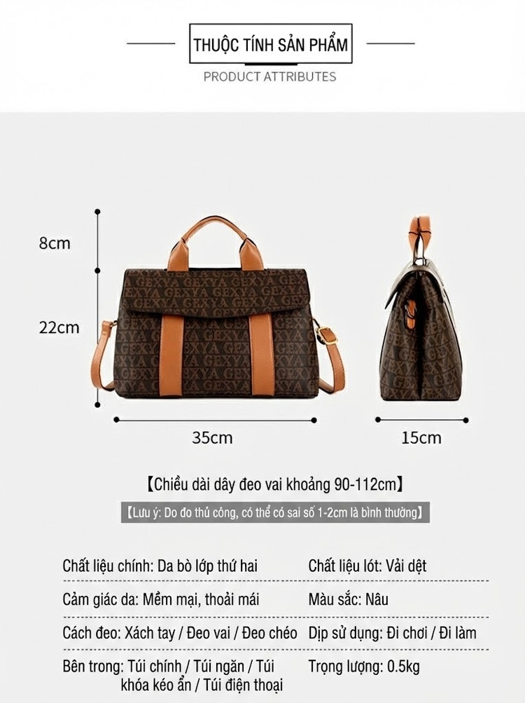 Túi Xách Tay Nữ Da Bò Dập Vân Thời Trang Công Sở Màu Đen, Nâu chi tiết 4