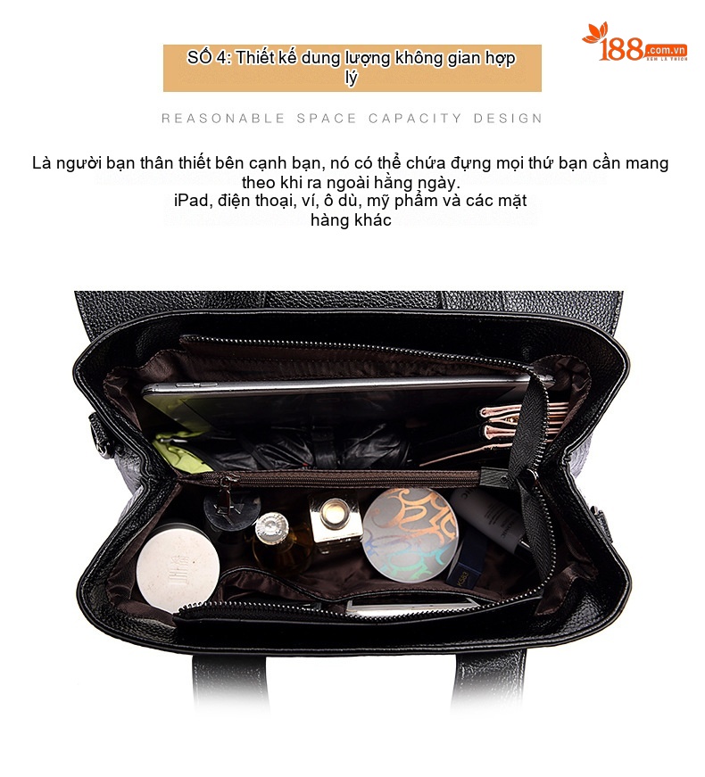Túi Xách Tay Nữ Da Bò Dập Vân Thời Trang Công Sở Màu Đen, Nâu chi tiết 5