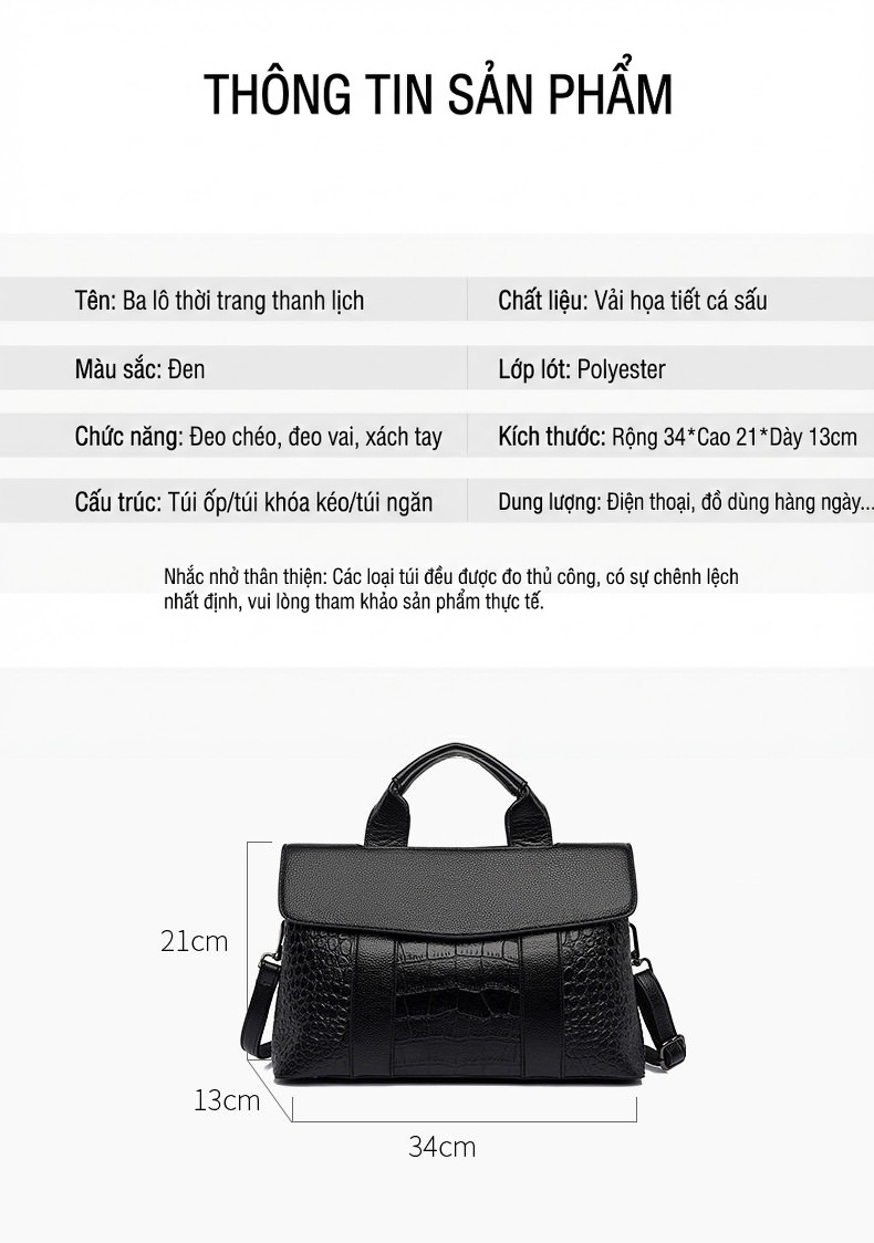 Túi Xách Tay Nữ Da Bò Dập Vân Thời Trang Công Sở Màu Đen, Nâu chi tiết 3
