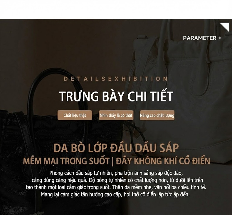 Túi Xách Tay Nữ Da Bò Dây Rút Kiểu Retro Màu Nâu, Đen, Trắng Kem chi tiết 2